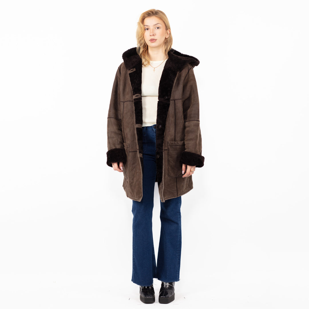 Vintage 90's Women Hooded Sheepskin Coat in Brown