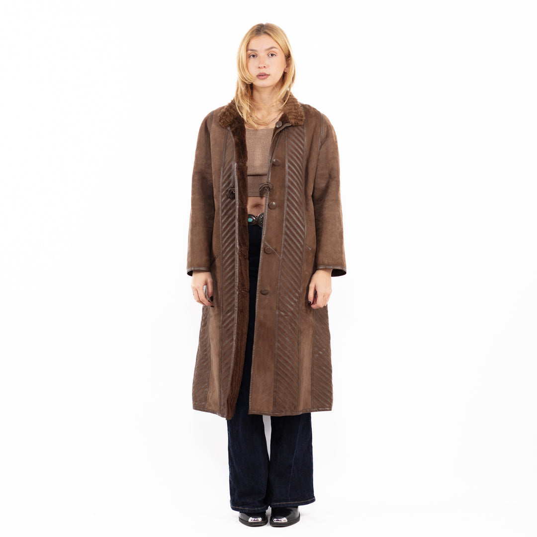 Vintage 80's Women Reversible Sheepskin Long Coat in Brown