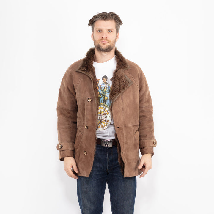 Vintage 80's Men Sheepskin Shearling Coat in BrownZ2717