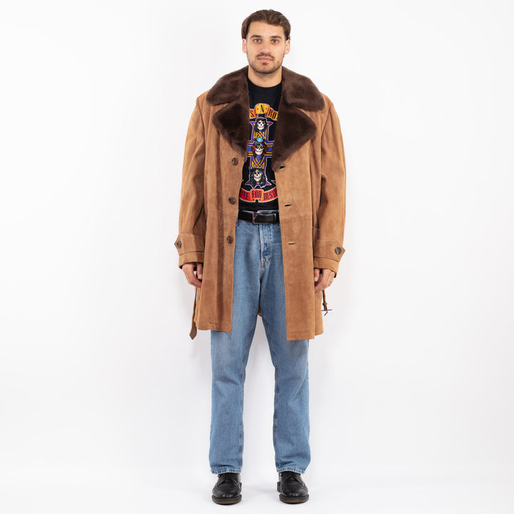 Vintage 70's Men Belted Suede Sherpa Coat in Brown