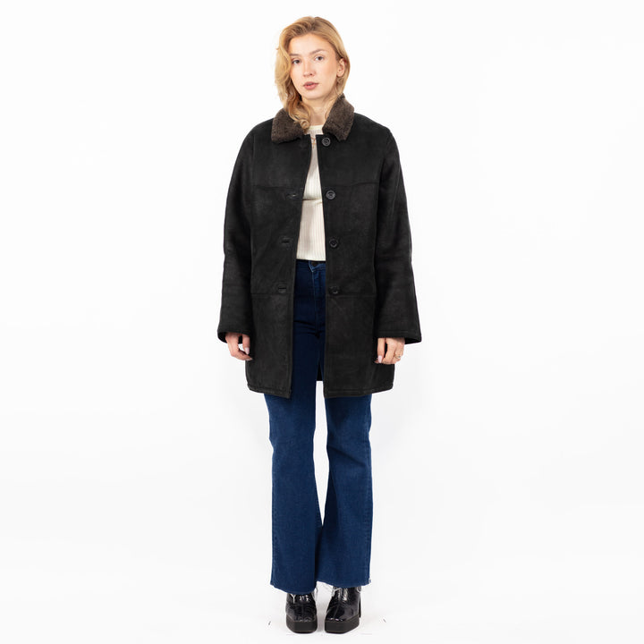 Vintage 90's Women Sheepskin Shearling Coat in Black