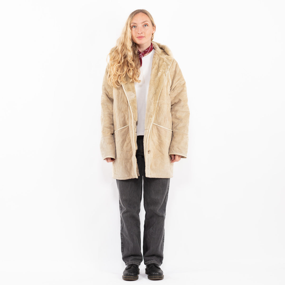 Vintage 90's Women Suede Sherpa Coat in BeigeA0665