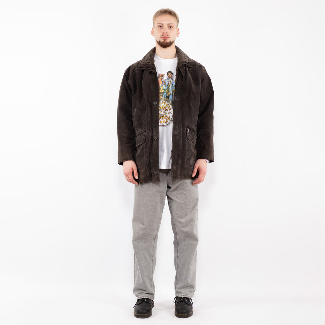 Vintage 90's Men Suede Sherpa Coat in Gray Brown