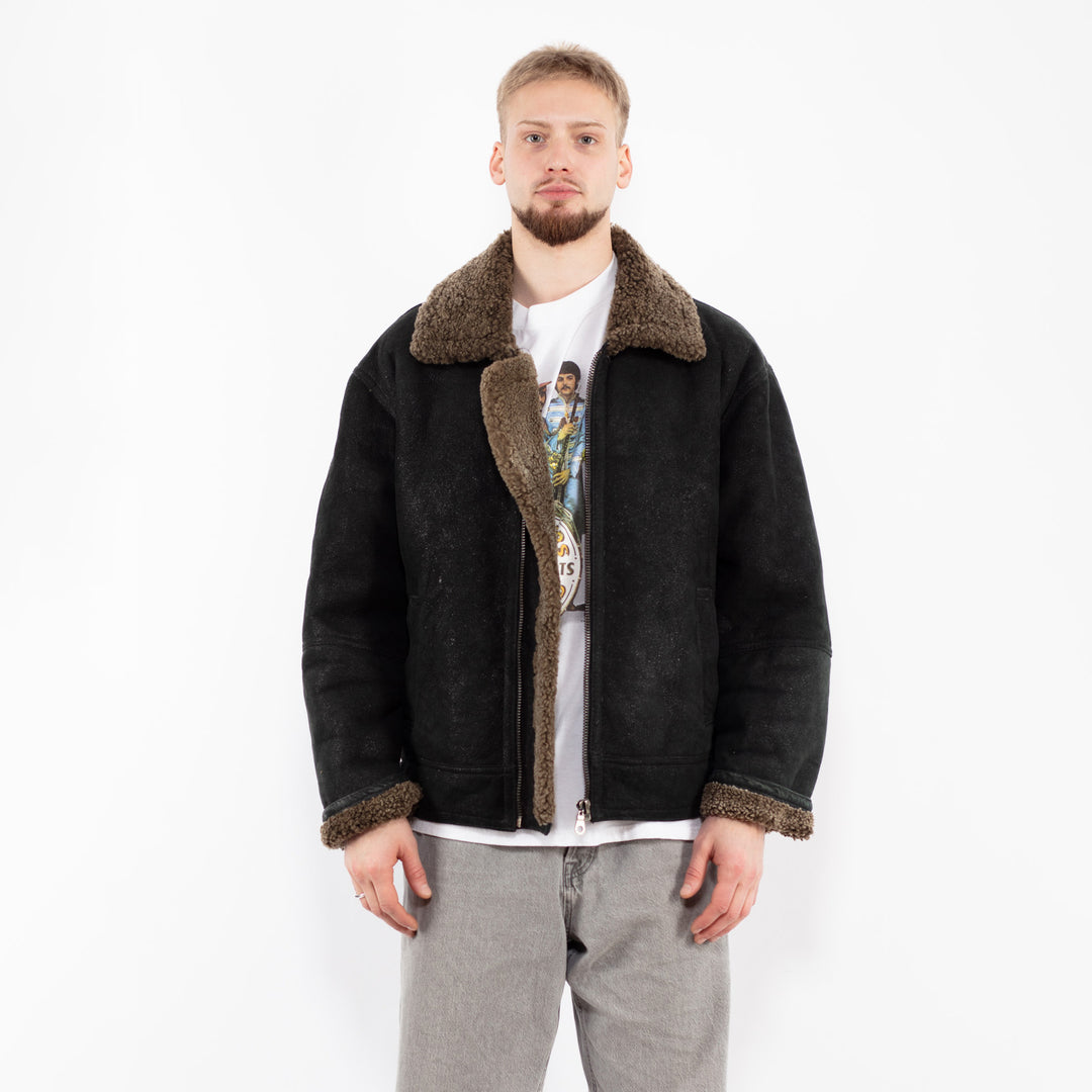 Vintage 90's Men B-3 Style Sheepskin Bomber Jacket in Black