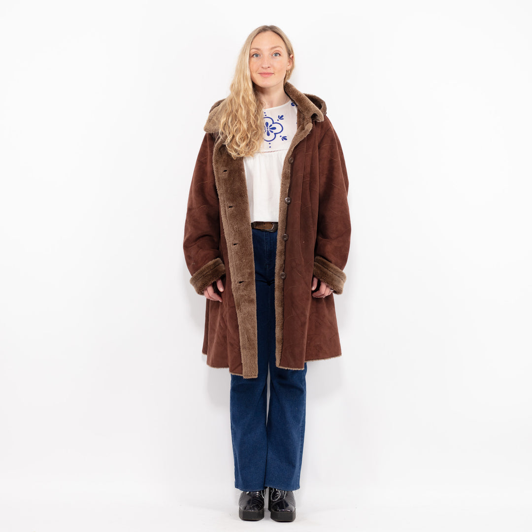 Vintage 90's Women Faux Sheepskin Coat in BrownA1052