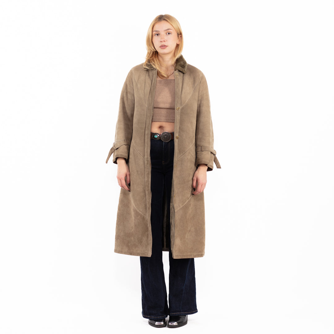 Vintage 70's Women Sheepskin Long Coat in Beige