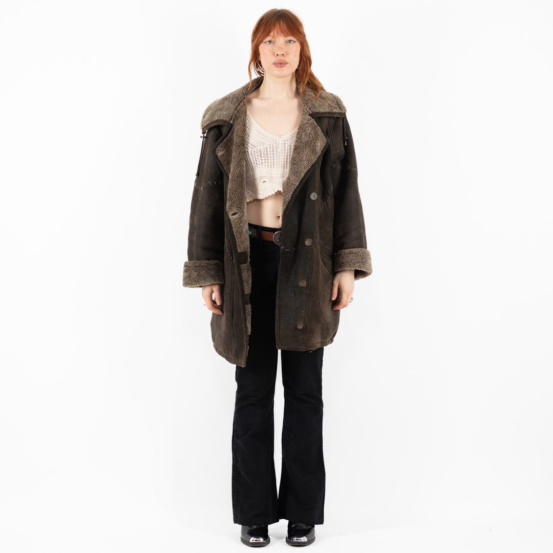 Vintage 90's Women Sheepskin Shearling Coat in GrayV9818