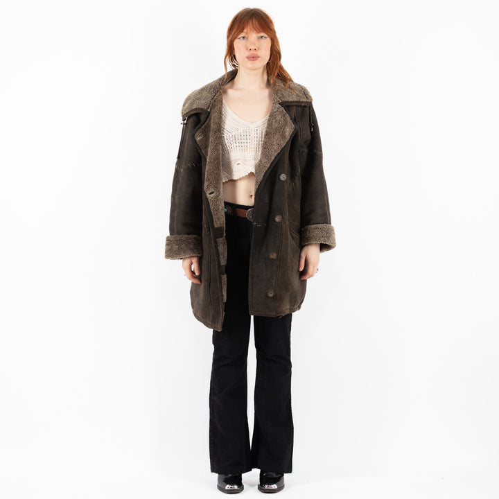 Vintage 90's Women Sheepskin Shearling Coat in GrayV9818