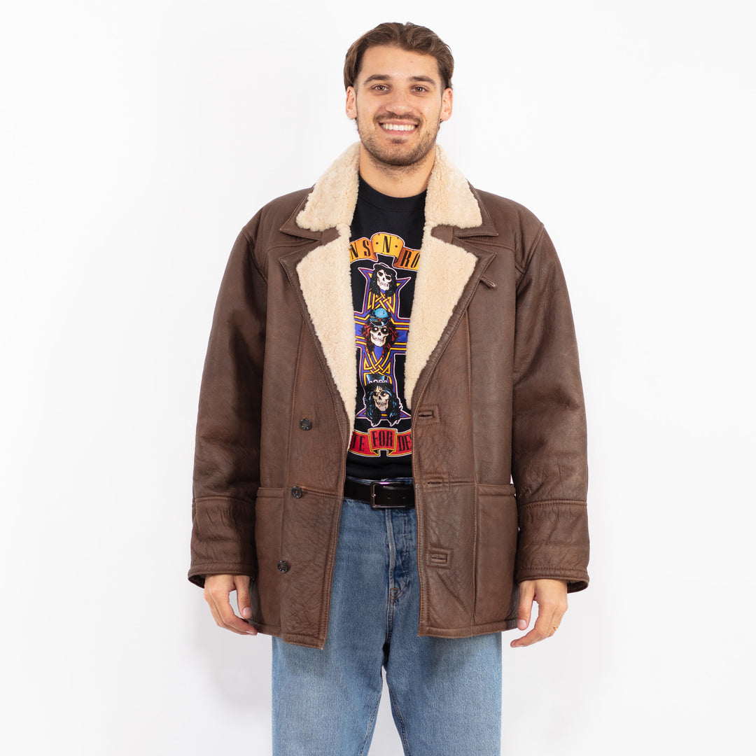 Vintage 80's Men Sheepskin Leather Coat in Brown