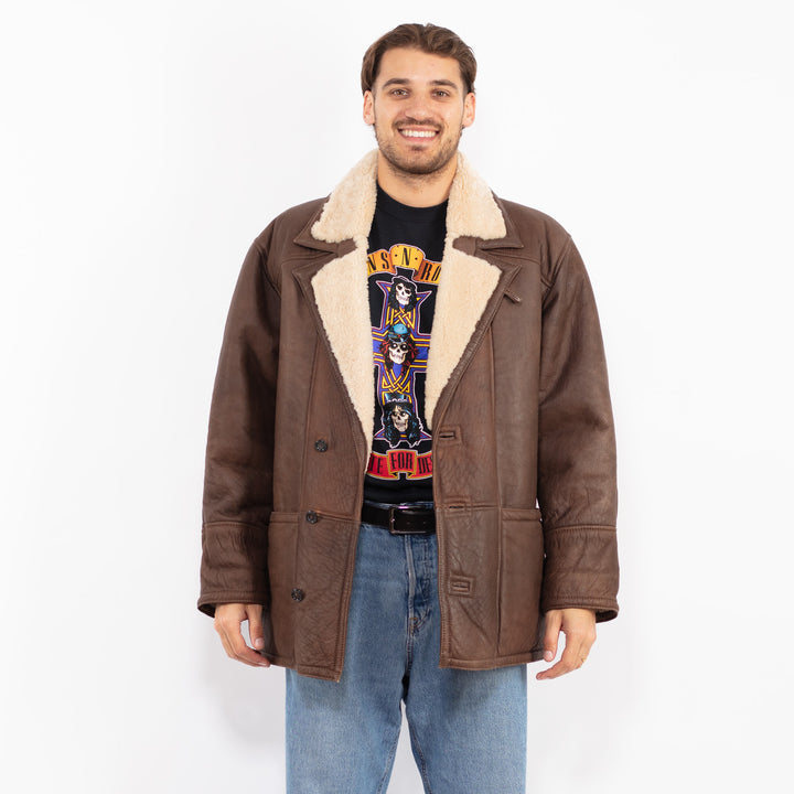 Vintage 80's Men Sheepskin Leather Coat in Brown
