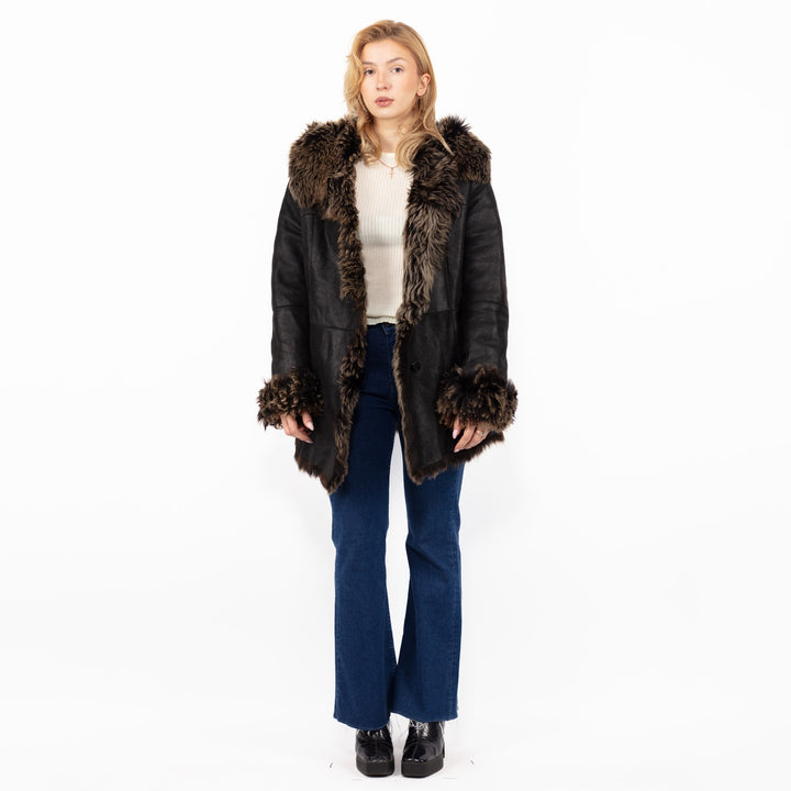 Vintage 90's Hooded Penny Lane Sheepskin Coat in Black