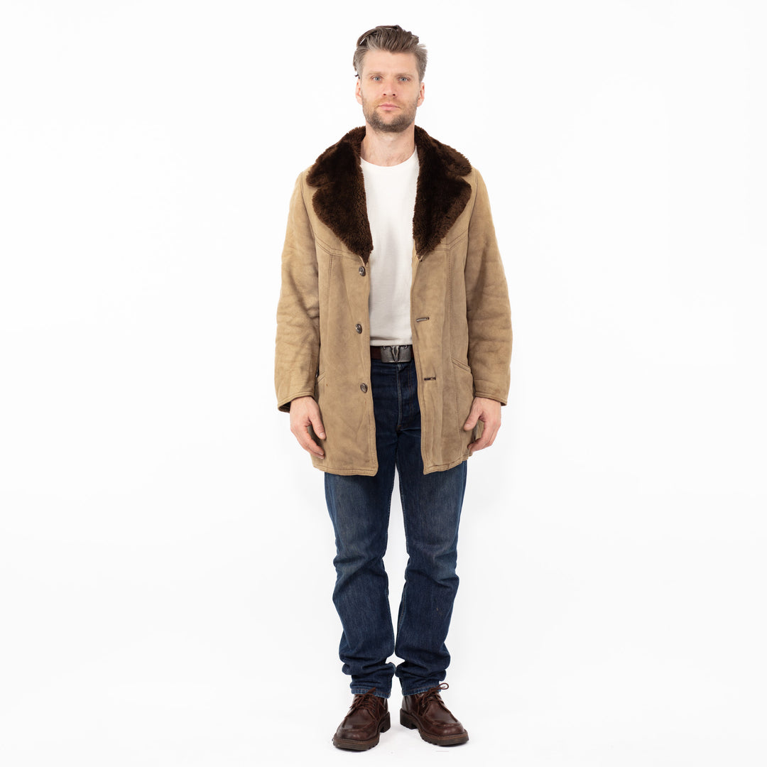 Vintage 70's Men Sheepskin Coat in Sand Beige