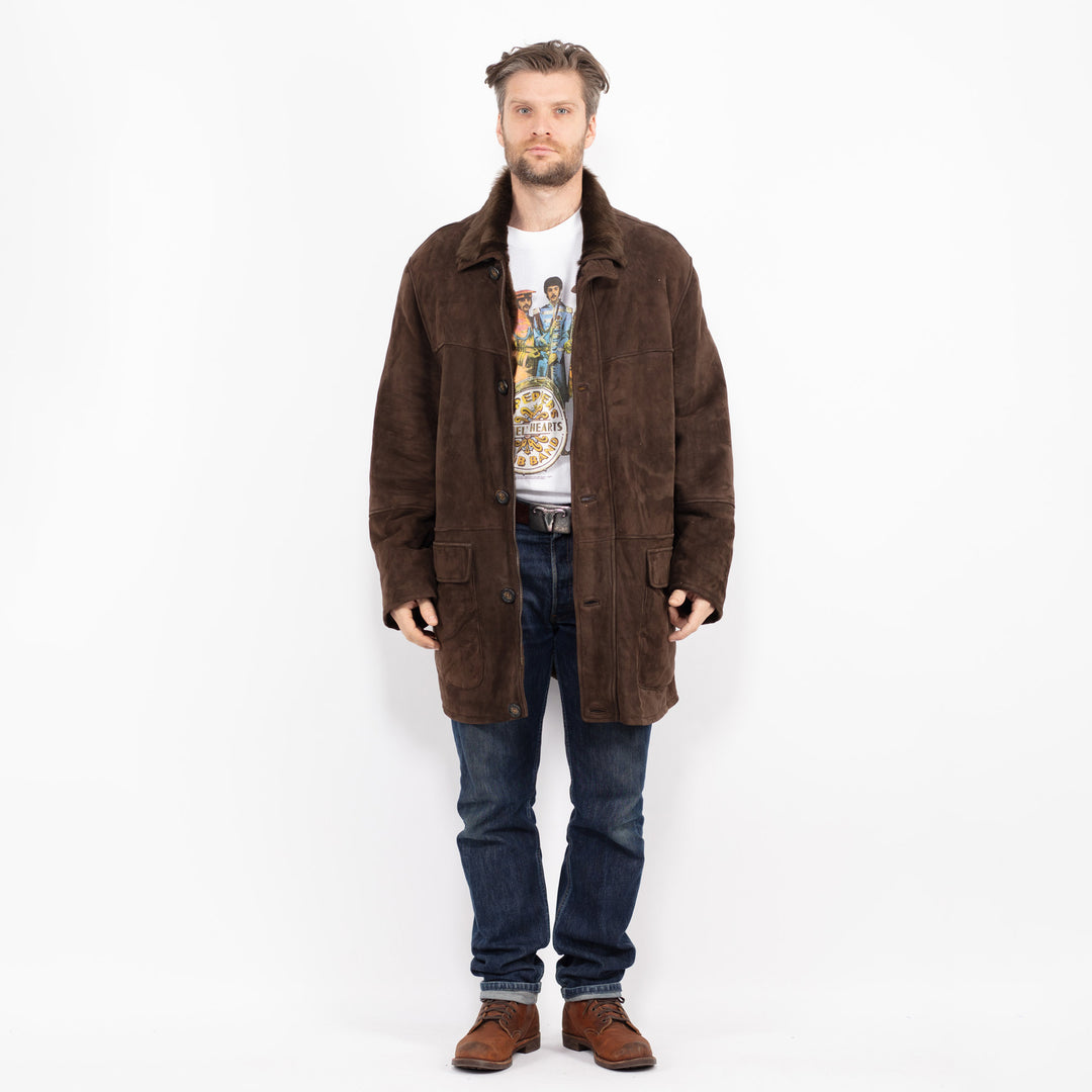 Vintage 90's Men Sheepskin Shearling Coat in BrownZ2721
