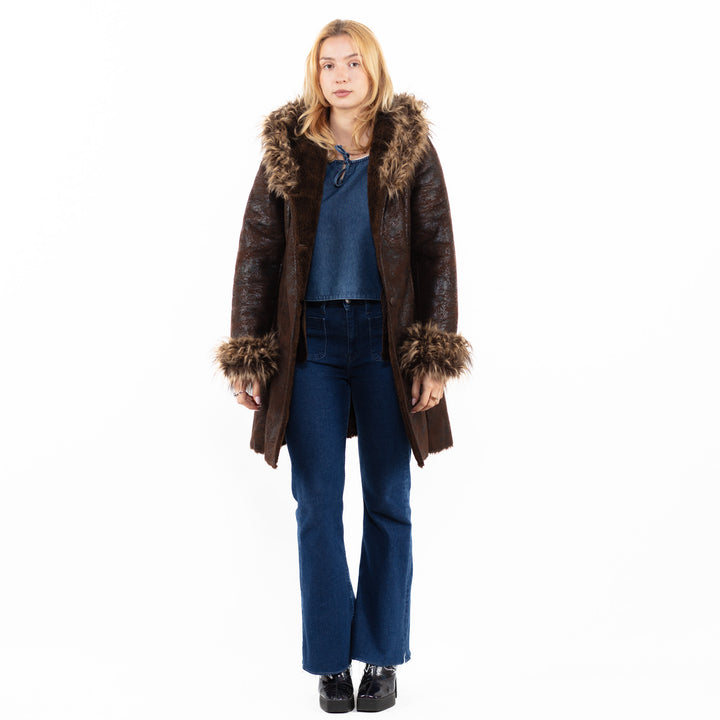 Vintage 90's Women Faux Sheepskin Coat in BrownA0013