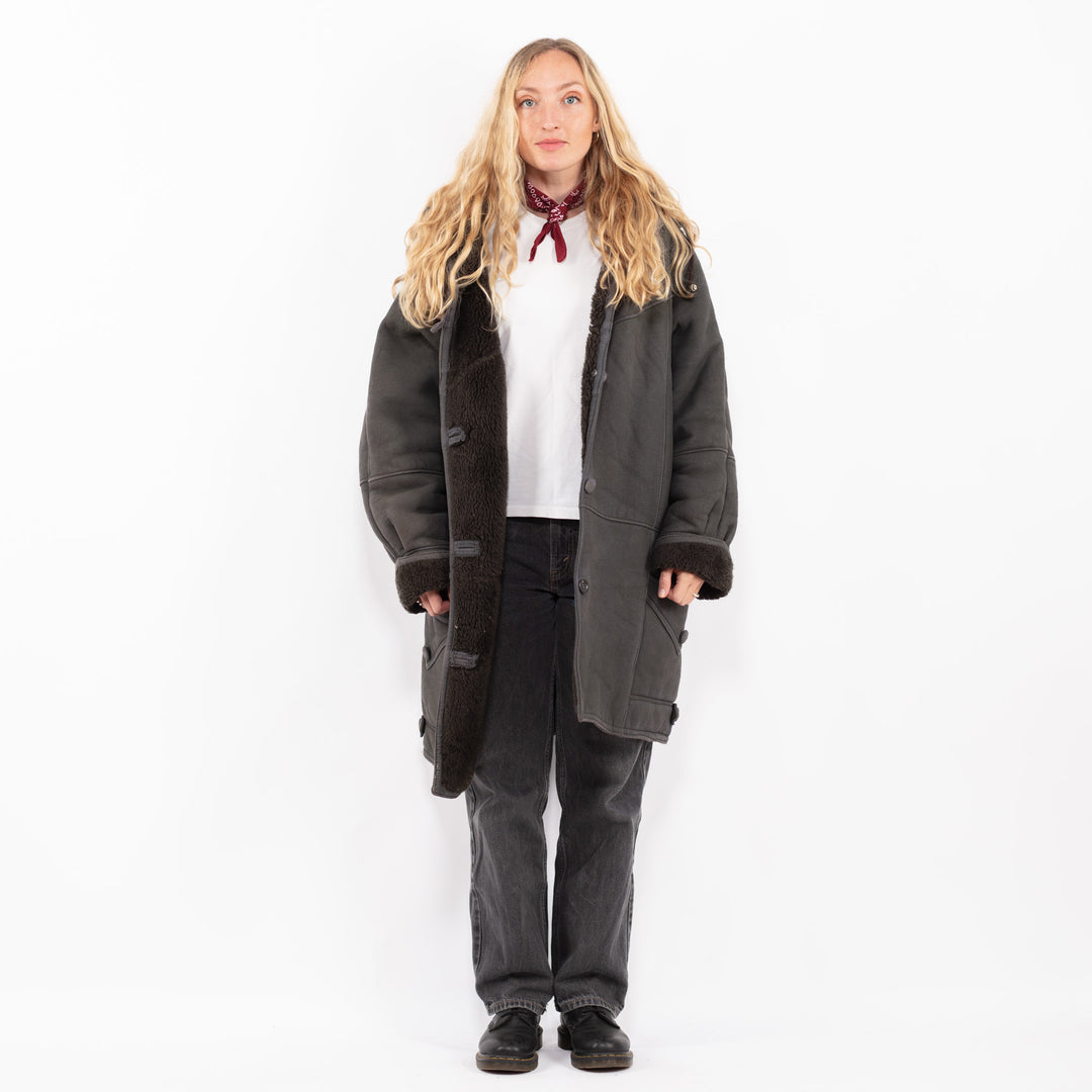 Vintage 90's Women Faux Sheepskin Coat in GrayA0669