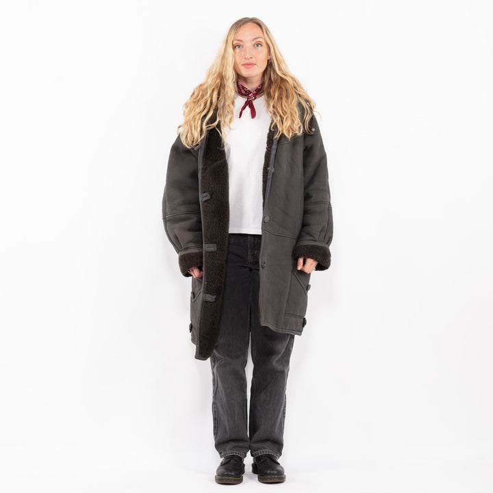 Vintage 90's Women Faux Sheepskin Coat in GrayA0669