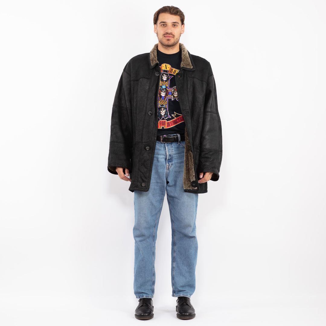 Vintage 90's Men Sheepskin Coat in Black