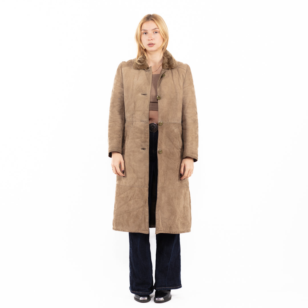 Vintage 70's Women Sheepskin Long Coat in Beige