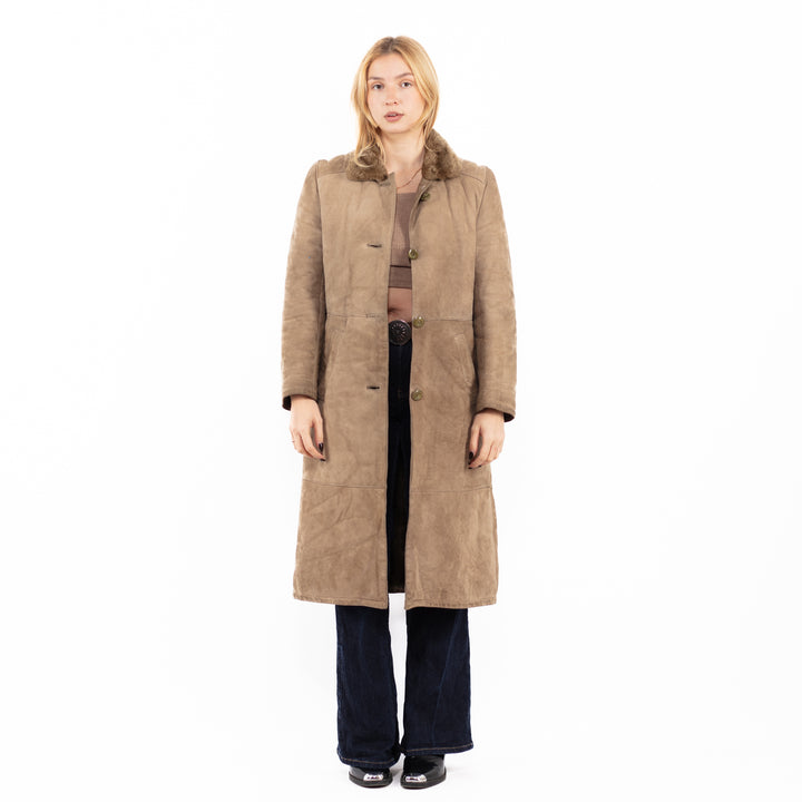 Vintage 70's Women Sheepskin Long Coat in Beige