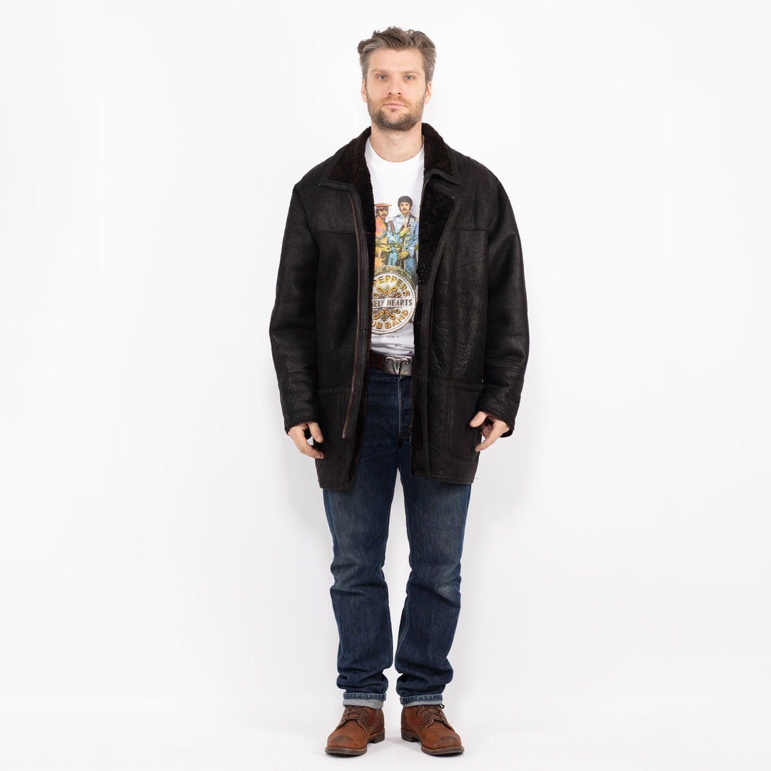 Vintage 90's Men Sheepskin Coat in Black
