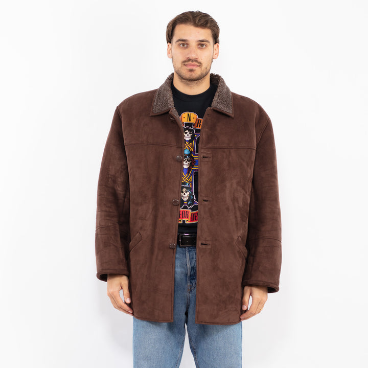 Vintage 90's Men Faux Sheepskin Coat in Brown
