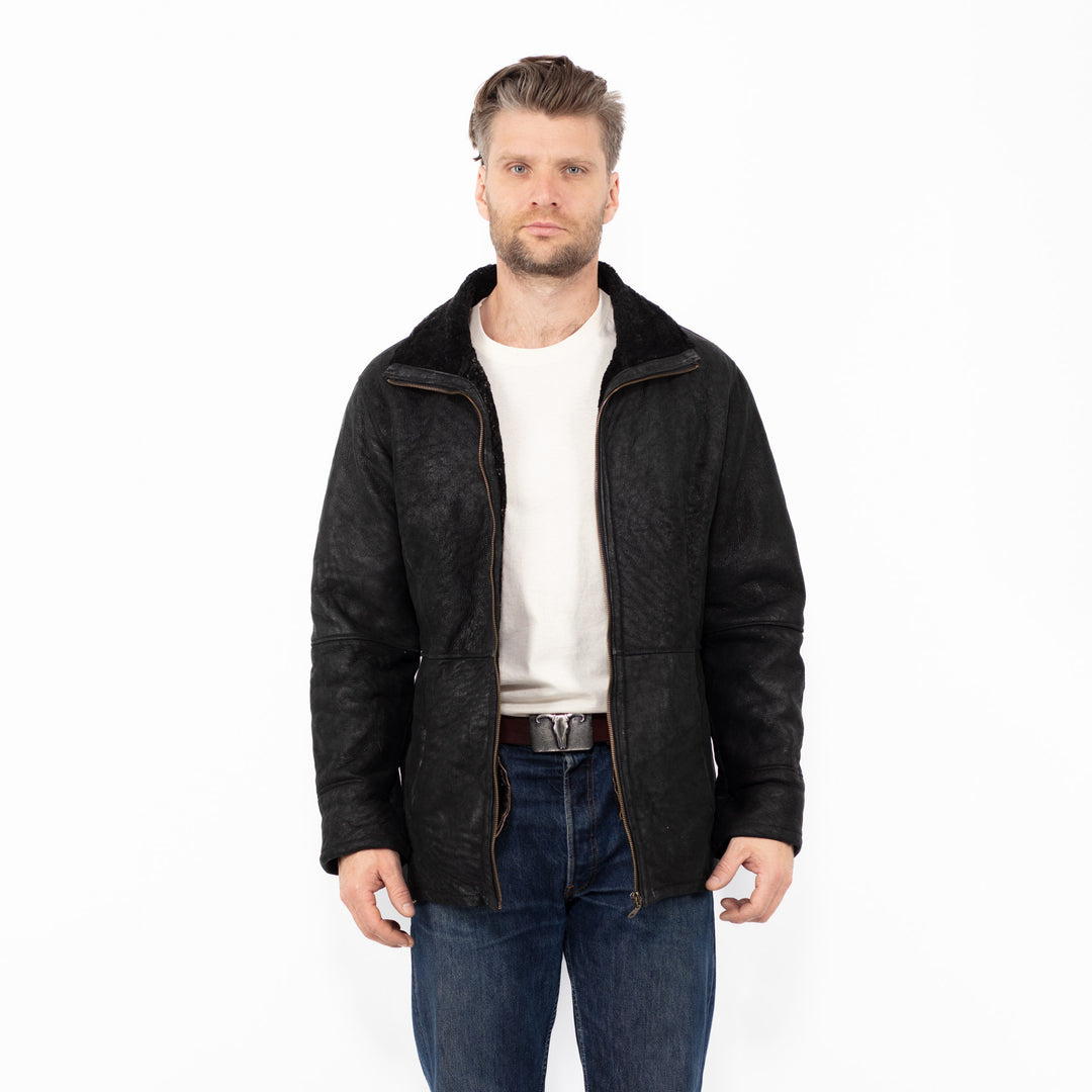 Vintage 90's Men Sheepskin Jacket in Black