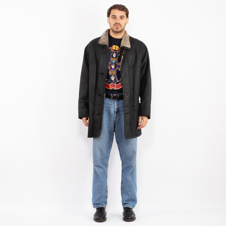 Vintage 90's Men Sheepskin Coat in Black