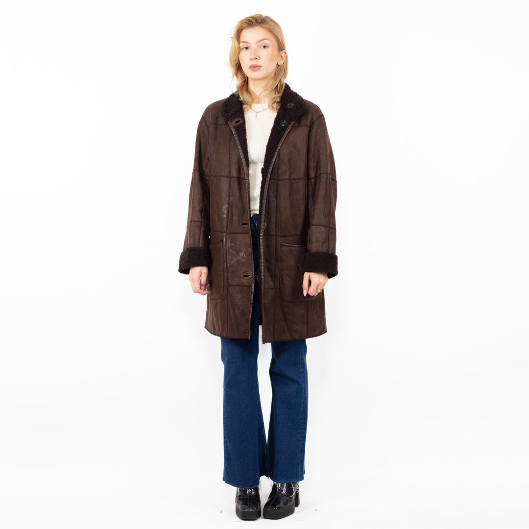 Vintage 90's Women Sheepskin Coat in Brown