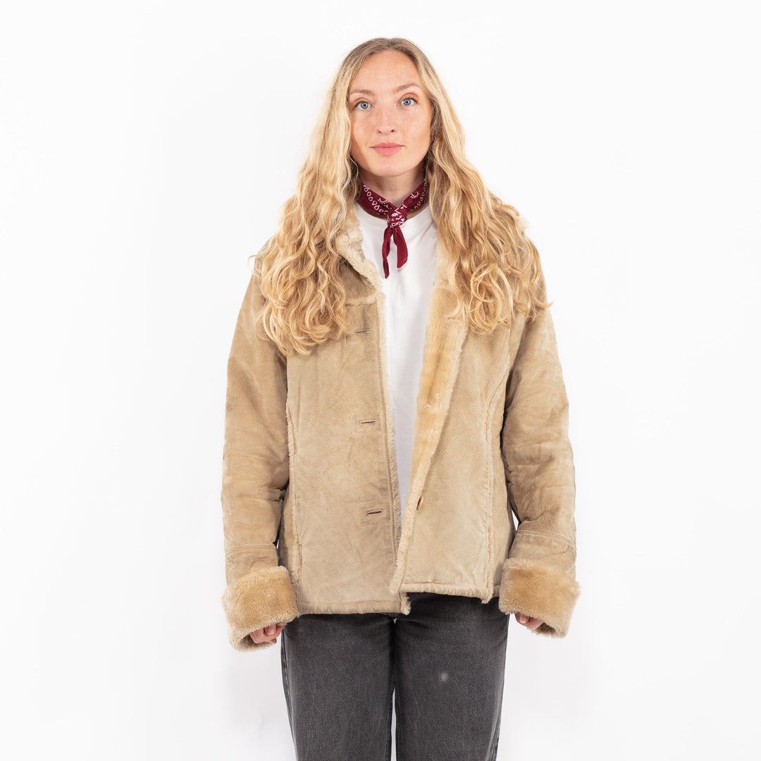Vintage 90's Women Suede Sherpa Jacket in BeigeA0674