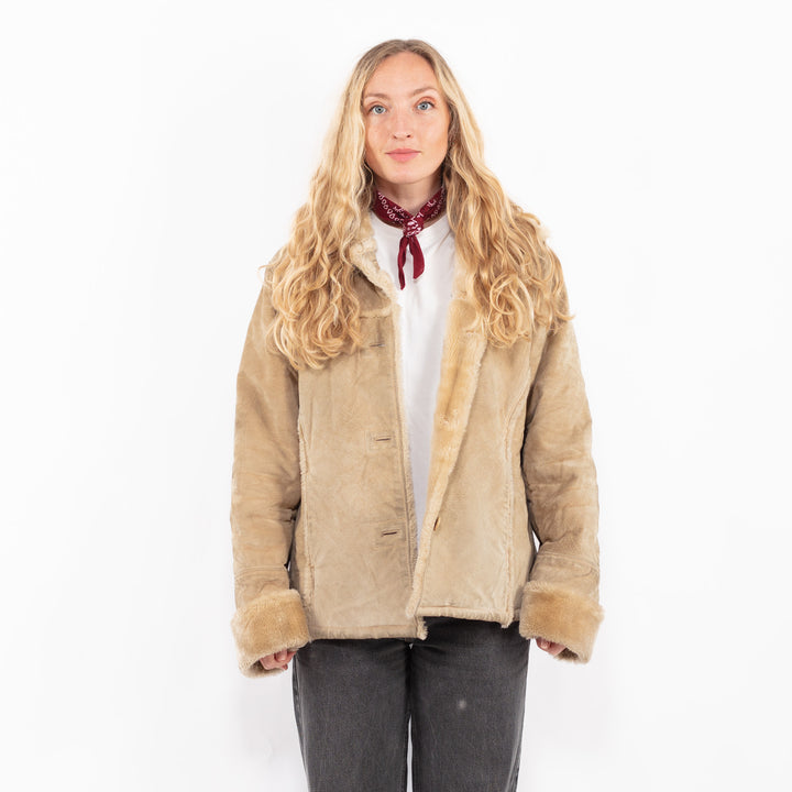 Vintage 90's Women Suede Sherpa Jacket in BeigeA0674