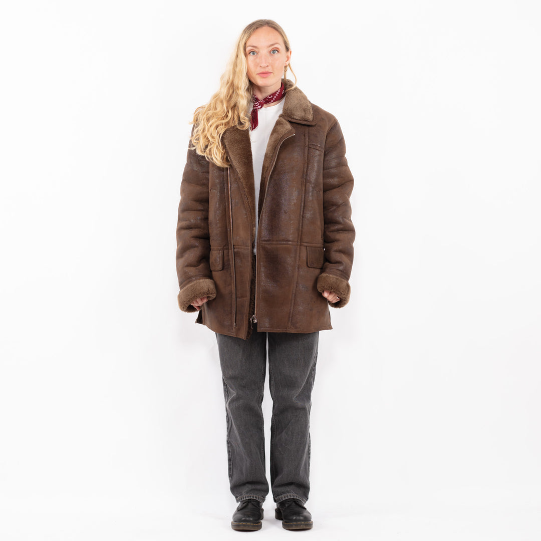 Vintage 90's Women Faux Sheepskin Coat in BrownA0676