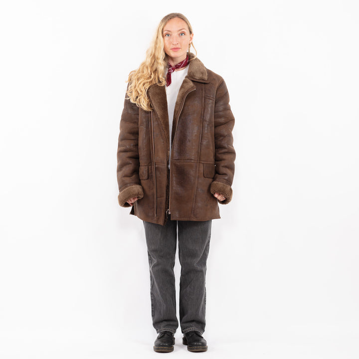Vintage 90's Women Faux Sheepskin Coat in BrownA0676