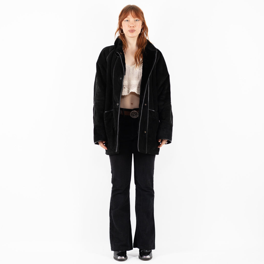 Vintage 90's Women Suede Sherpa Coat in BlackV9827