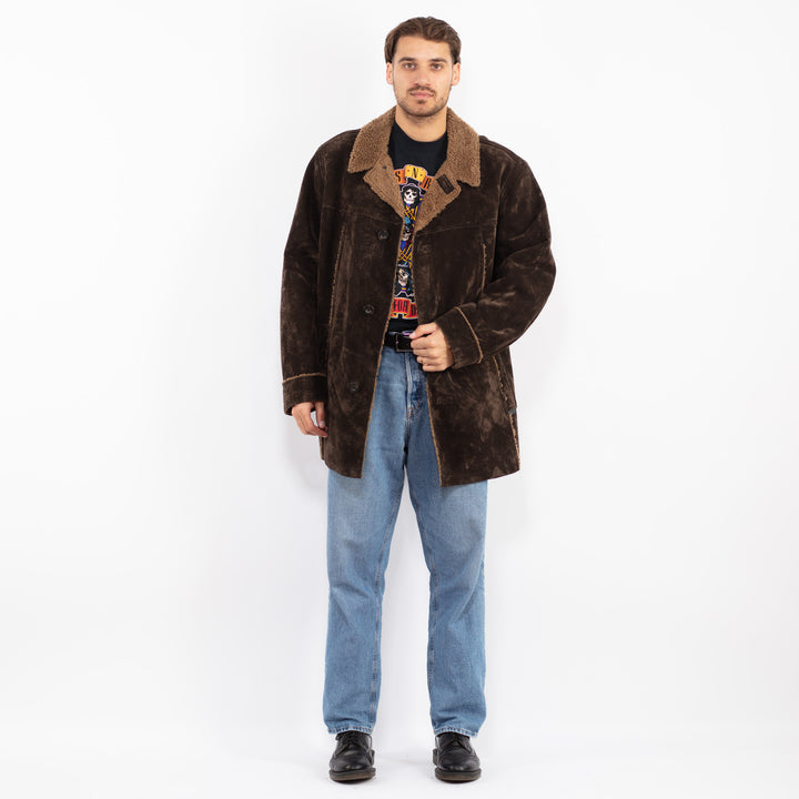 Vintage 90's Men Faux Sheepskin Coat in Brown