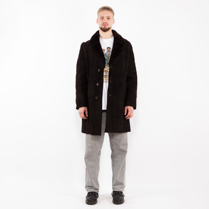 Vintage 70's Men Sheepskin Coat in Dark Brown