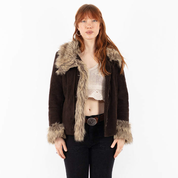 Vintage 00's Women Faux Sheepskin Jacket in BrownV9828
