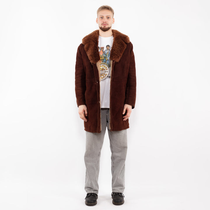 Vintage 70's Men Sheepskin Shearling Coat in Brown