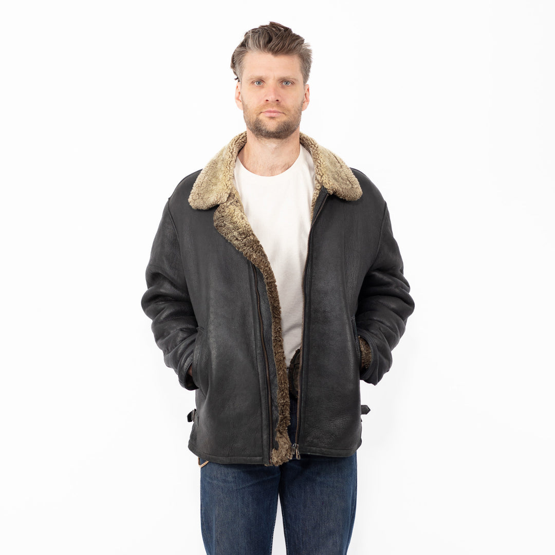 Vintage 90's Men Sheepskin Jacket in Black