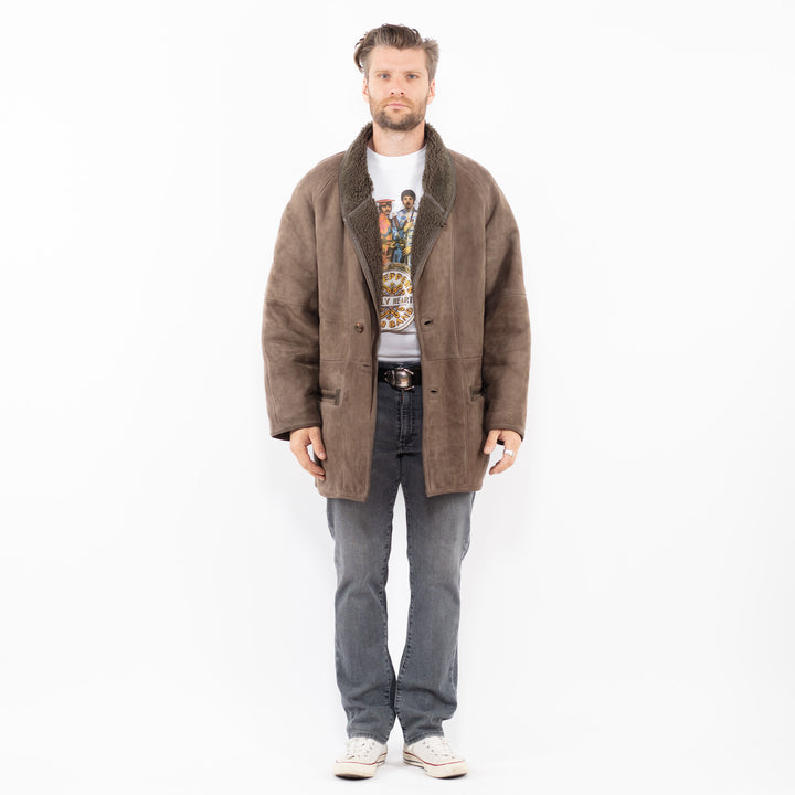 Vintage 80's Men Sheepskin Shearling Coat in BrownZ2002