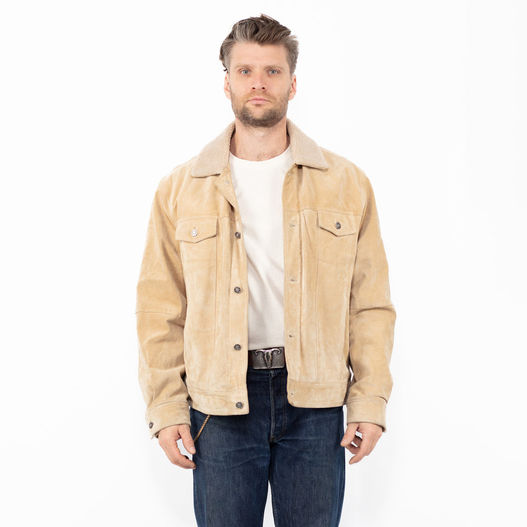 Vintage 90's Men Suede Sherpa Jacket in Beige