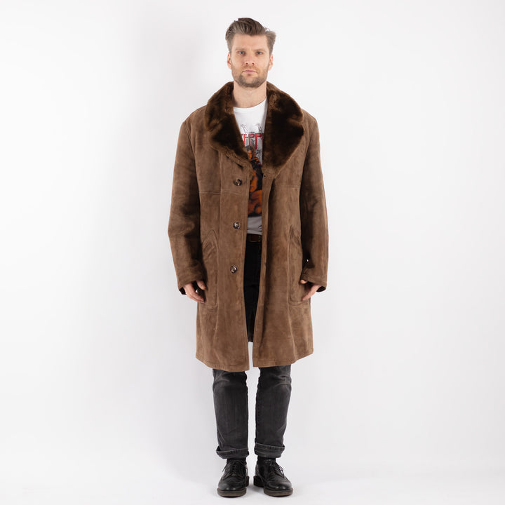 Vintage Men Sheepskin Shearling Coat in Beige