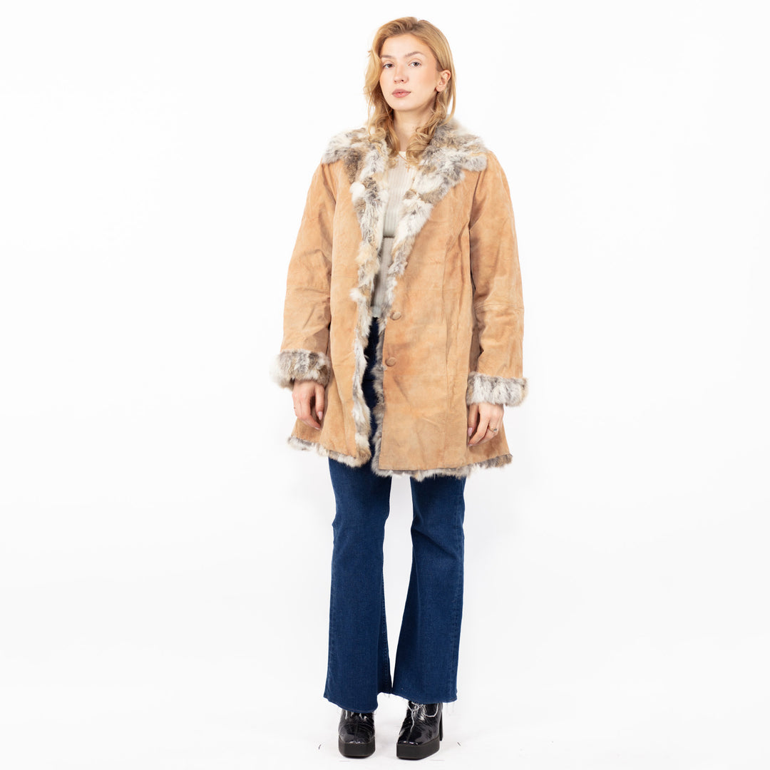 Vintage 90's Penny Lane Suede Fur Coat in Beige