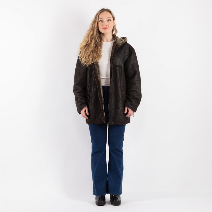 Vintage 90's Women Sheepskin Shearling Coat in Brown