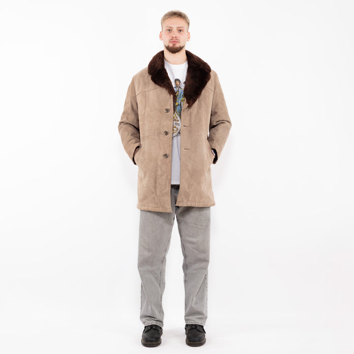 Vintage 70's Men Suede Sherpa Coat in Beige
