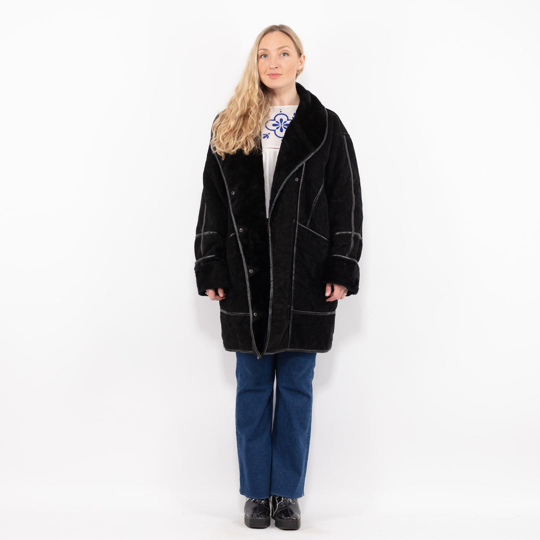 Vintage 90's Women Faux Sheepskin Coat in BlackA1071