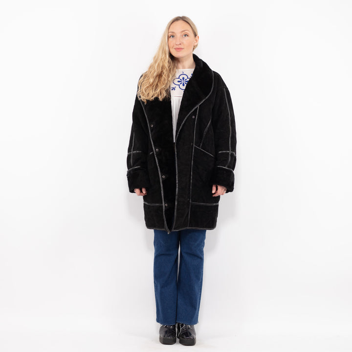 Vintage 90's Women Faux Sheepskin Coat in BlackA1071