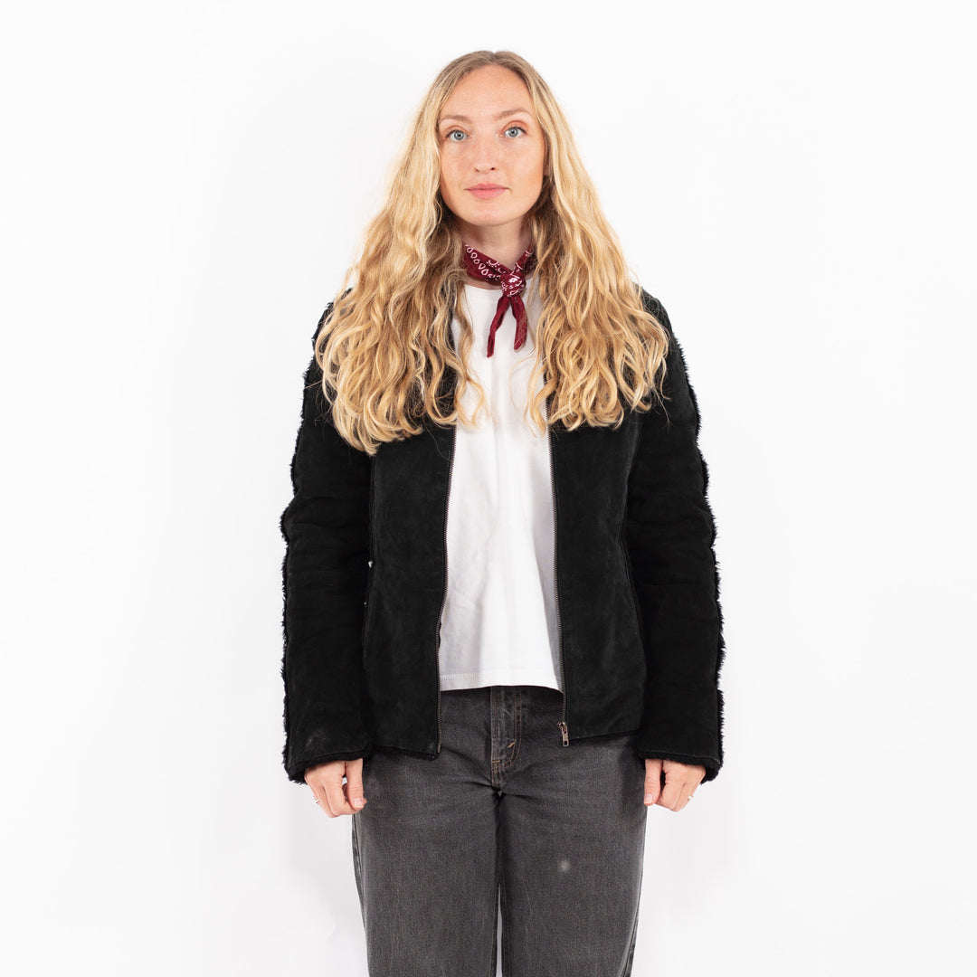 Vintage 90's Women Suede Sherpa Jacket in BlackA0685
