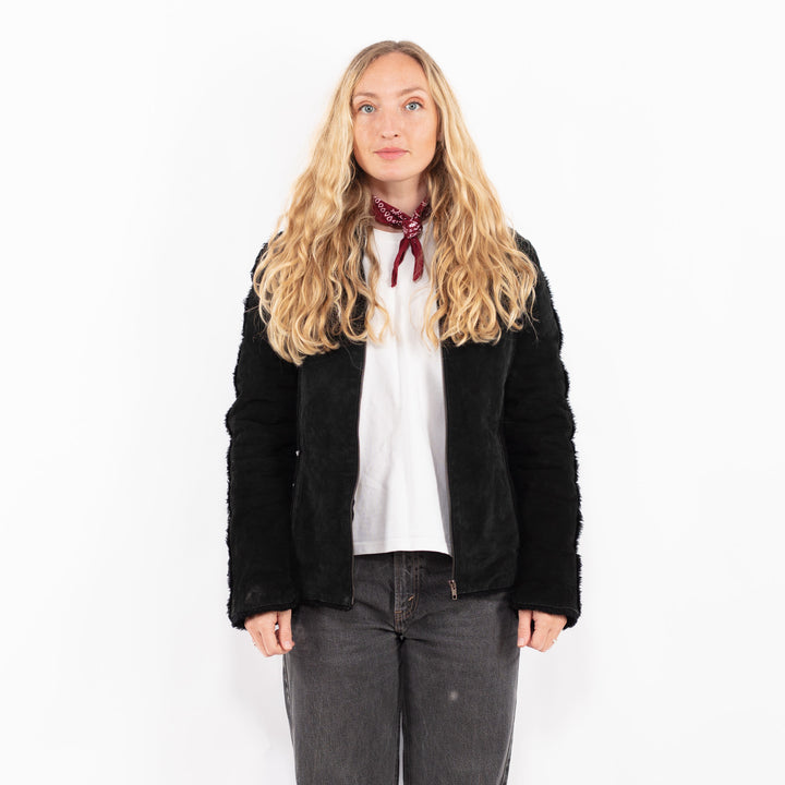 Vintage 90's Women Suede Sherpa Jacket in BlackA0685