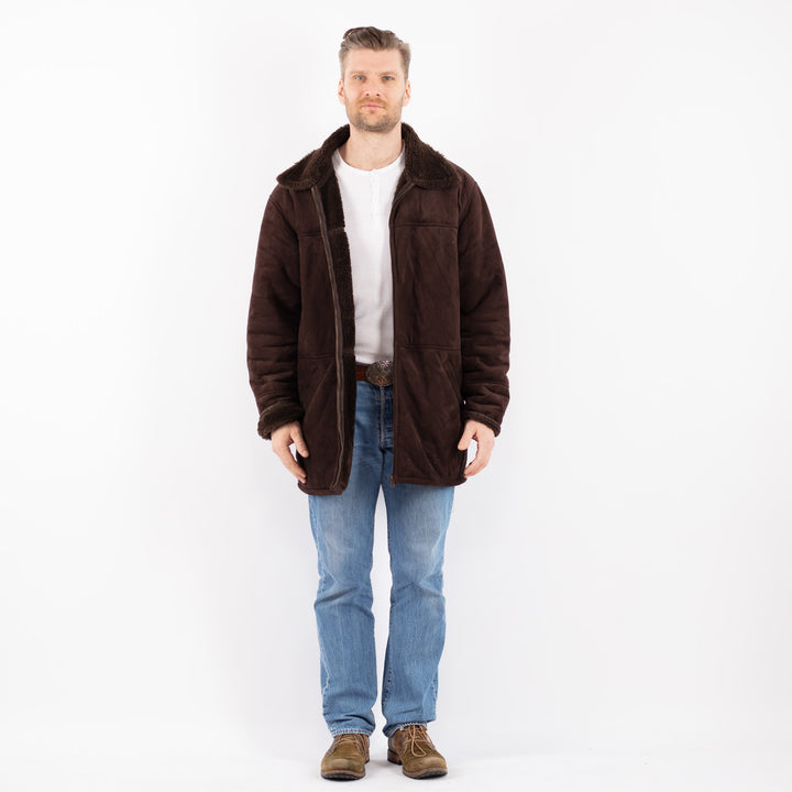 Vintage 90's Men Faux Sheepskin Coat in BrownZ1448