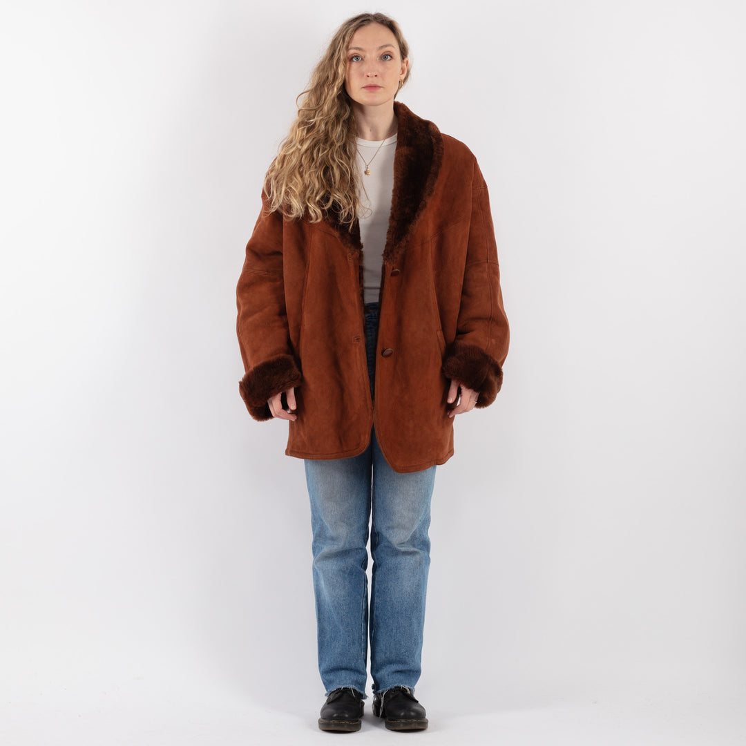 Vintage 80's Women Sheepskin Shearling Coat in Brown